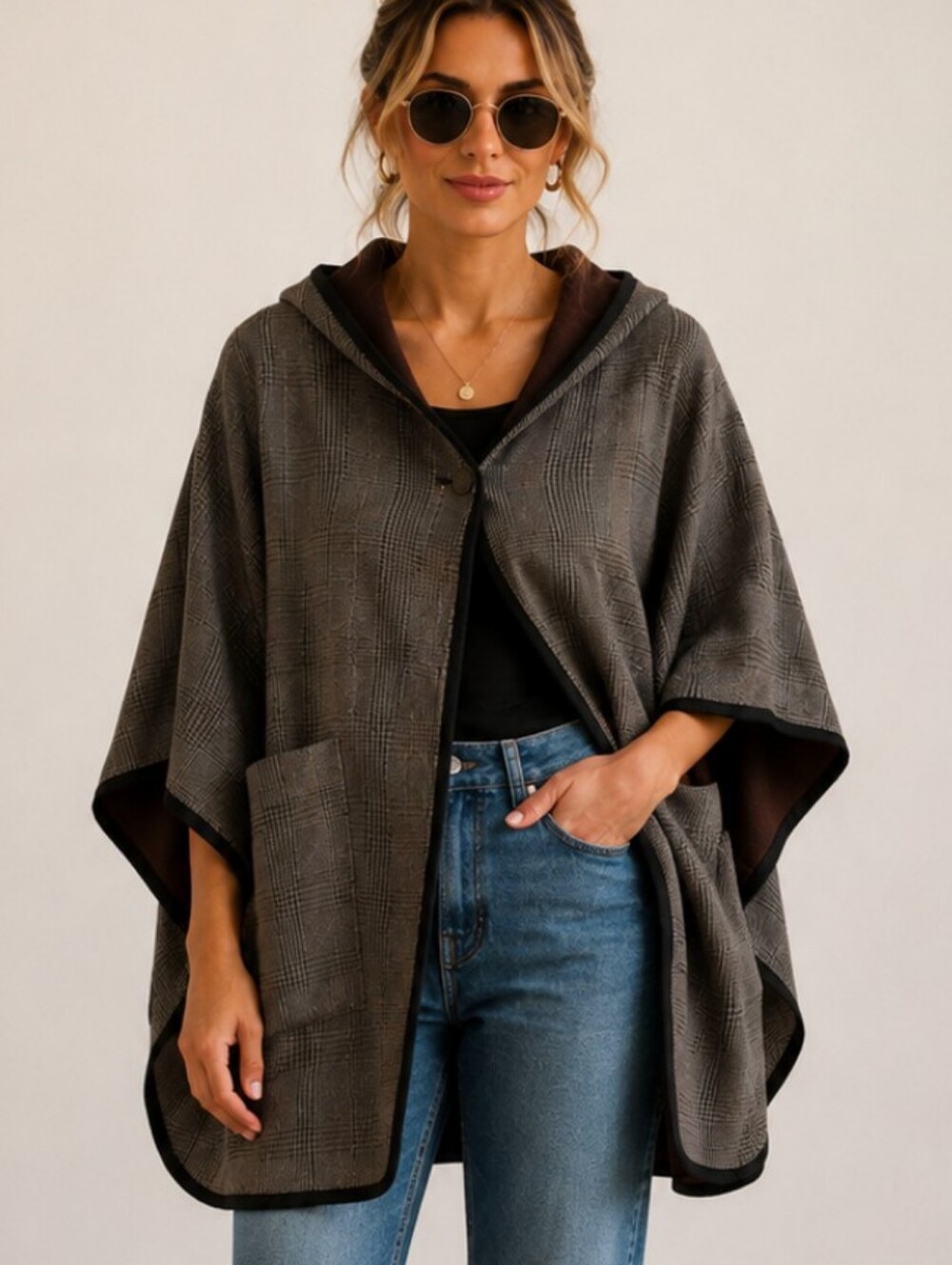 CAbi Baskerville Houndstooth Fall Reversible Topper Poncho